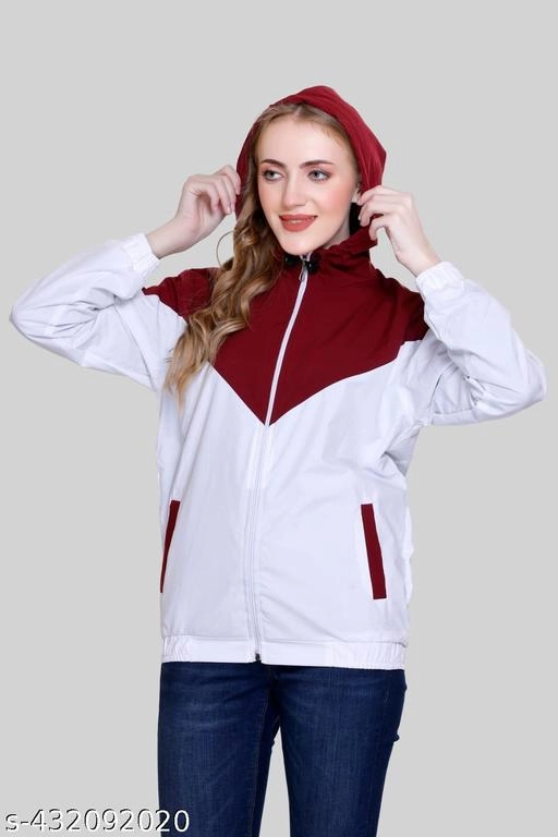 Nylon Solid Jackets for Women (Maroon & White, M)