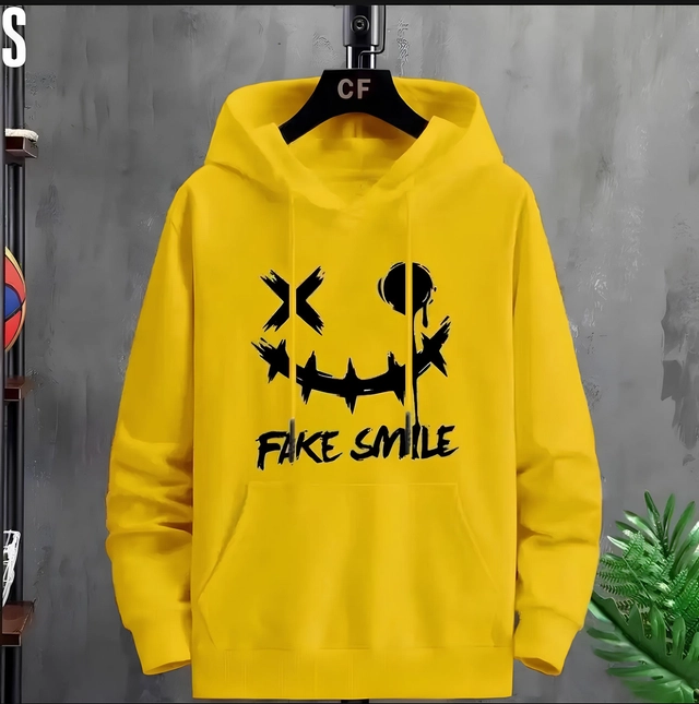 Fleece Printed Hooded Sweatshirt for Men (Yellow, M)