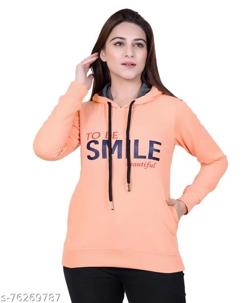 Cotton Blend Printed Hoodie for Women (Peach, M)