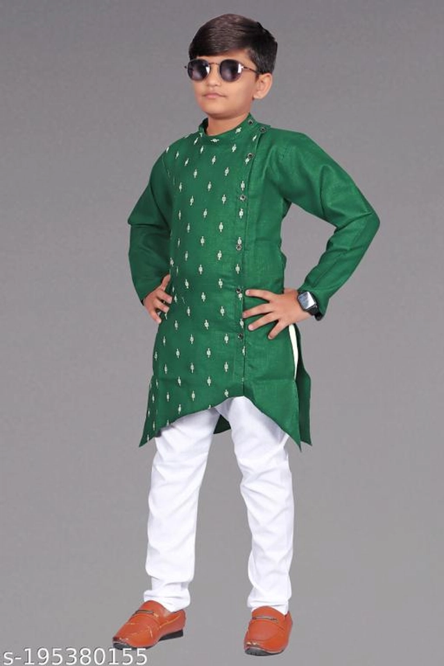 Cotton Blend Kurta Sets for Boys (3-4 Years, Green & White)