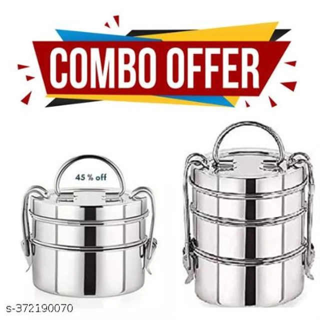 Stainless Steel 3 Layer Lunch Box (Silver, Pack of 2)