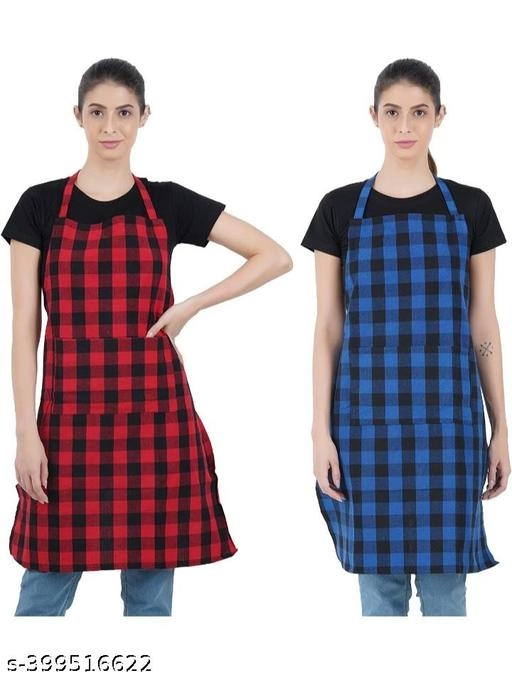 Polyester Apron for Men & Women (Red & Blue, Pack of 2)