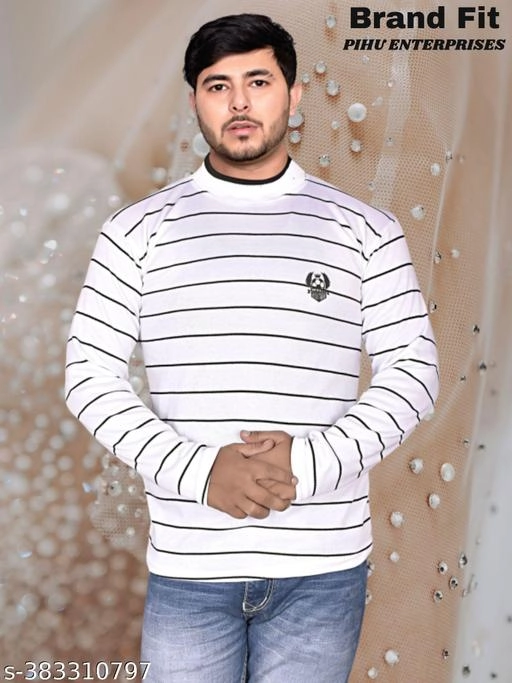 Acrylic Striped Sweater for Men (White, M)