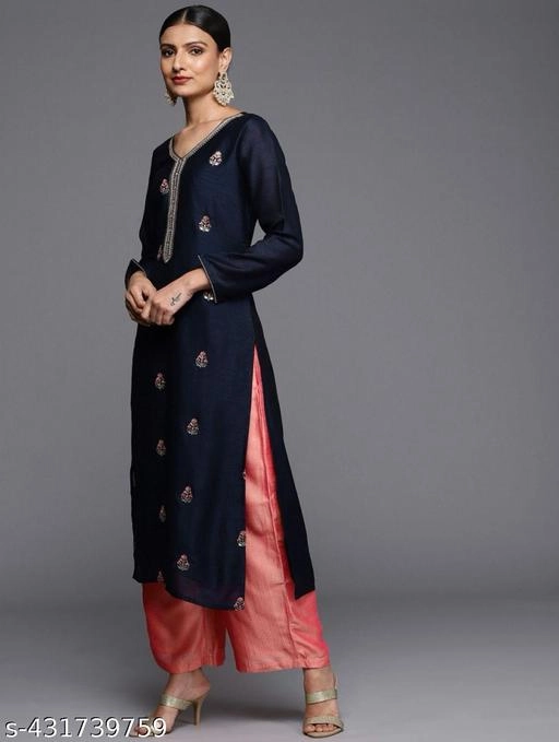 Silk Blend Embroidered Kurti for Women (Navy Blue, XS)