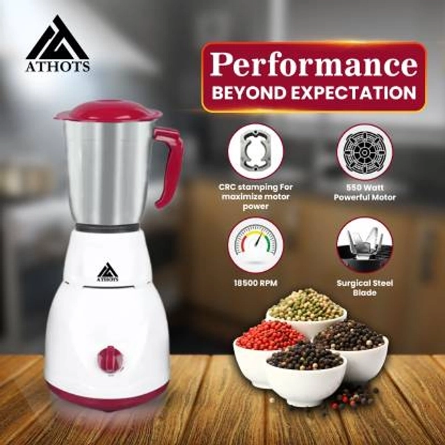 ATHOST Eco Mingle CNC Hybrid POWER FULL 555 Juicer Mixer Grinder (3 Jars, White, cheery)