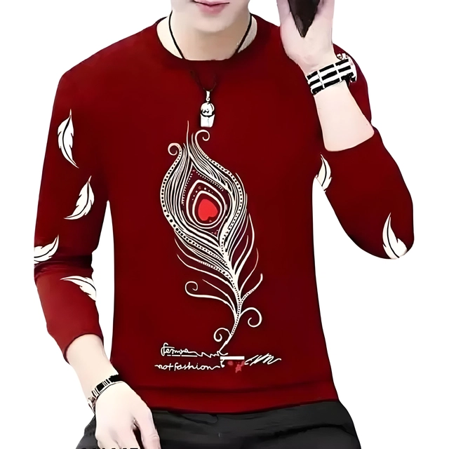 Round Neck Printed T-Shirt for Men (Maroon, S)