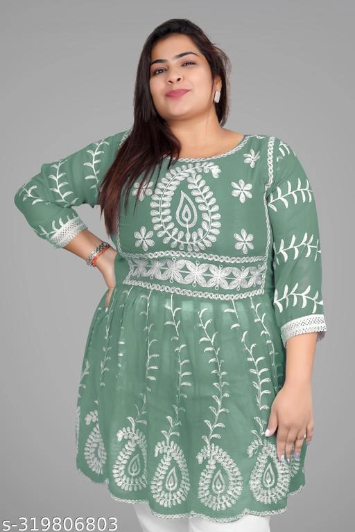 Georgette Chikankari Top for Women (Sea Green, M)