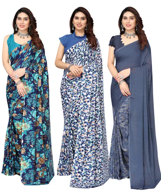Women's Designer Floral Printed Saree with Blouse Piece (Pack of 3) (Multicolor) (SD-147)
