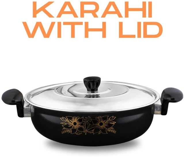 Cast Iron Kadai with Lid (Black & Silver, 28 cm)