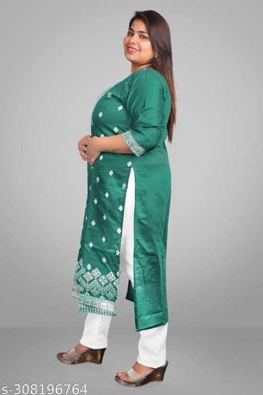 Chanderi Cotton Embroidered Kurti with Pant for Women (Green, XL)