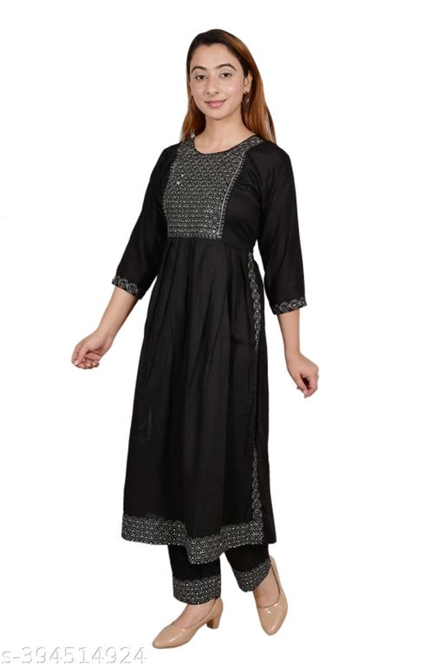 Rayon Embellished Kurti with Pant for Women (Black, S)