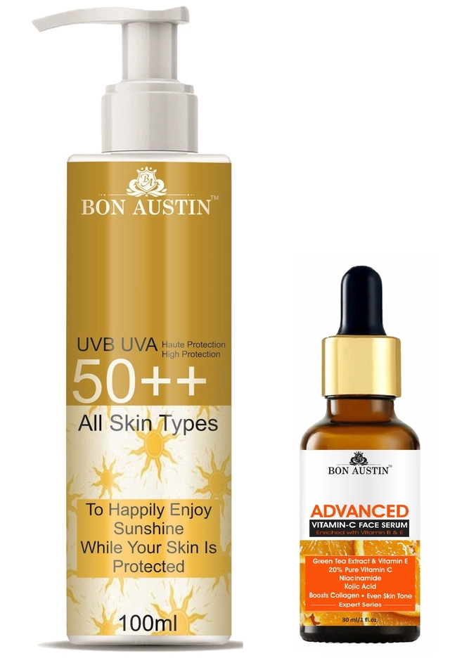 Bon Austin Broad Spectrum SPF Sunscreen Lotion (100 ml) with Advance Vitamin C Face Serum (30 ml) (Set of 2)