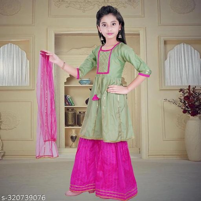 Dupion Silk Kurta Sets for Girls (Green & Pink, 2-3 Years)