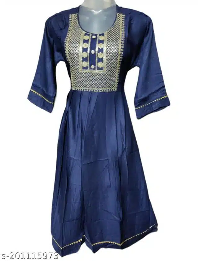 Cotton Embroidered Gown for Women (Navy Blue & Gold, XL)