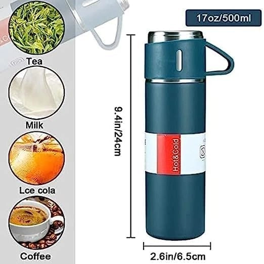 Stainless Steel Vacuum Insulated Flask with Two Cups (Multicolor, 500 ml)