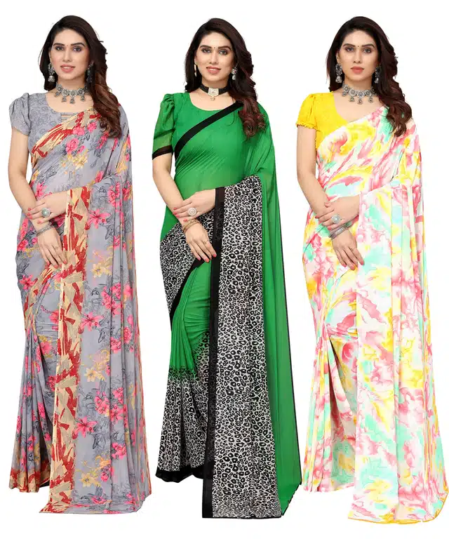 Women's Designer Floral Printed Saree with Blouse Piece (Pack of 3) (Multicolor) (SD-83)