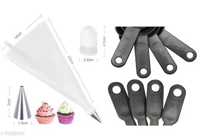 Cake Nozzles (12 Pcs) with 8 Pcs Measuring Cups & Spoons (Silver & Black, Set of 2)