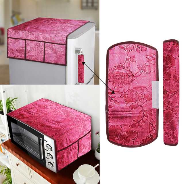 Rexine Combo Set Of (1 Fridge Cover, 2 Handle Cover & 1 Microwave Cover) (Red) (A-50)