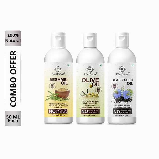 Puriflame Pure Sesame Oil (50 ml), Olive Oil (50 ml) & Black Seed Oil (50 ml) Combo for Rapid Hair Growth (Pack Of 3) (B-13715)