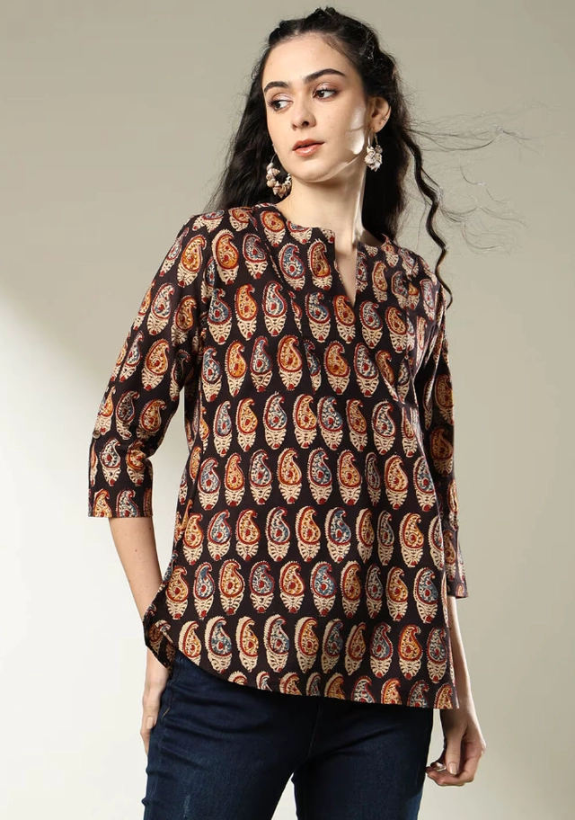 Cotton Embroidered Top for Women (Black & Brown, S)