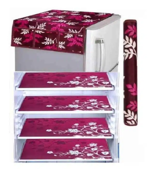 Knit Printed Fridge 4 Pcs Mat with Handle & Top Cover (Wine, Set of 1)