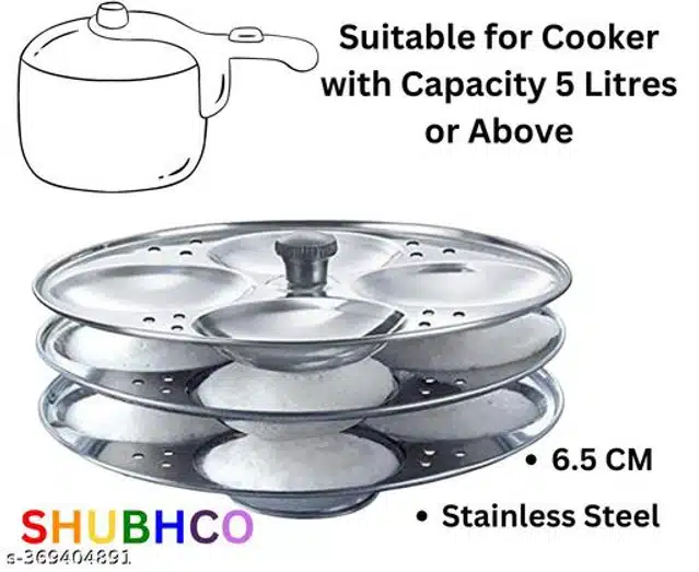 Stainless Steel 3 Plate Idli Maker with Masher (Silver, Set of 2)