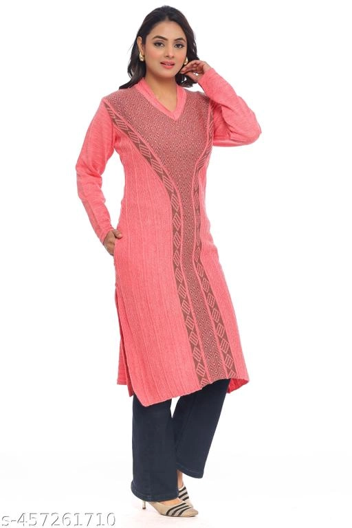 Woolen Printed Kurti for Women (Pink, L)