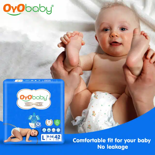 Oyo Baby Baby Diaper Pants L Size (Large) With Aloe Vera Lotion For Rash Protection, Pack Of 42 Count, With Upto 12Hr Protection For Babies Of 9 To 14Kg ( 42 Units - Pack Of 2 )