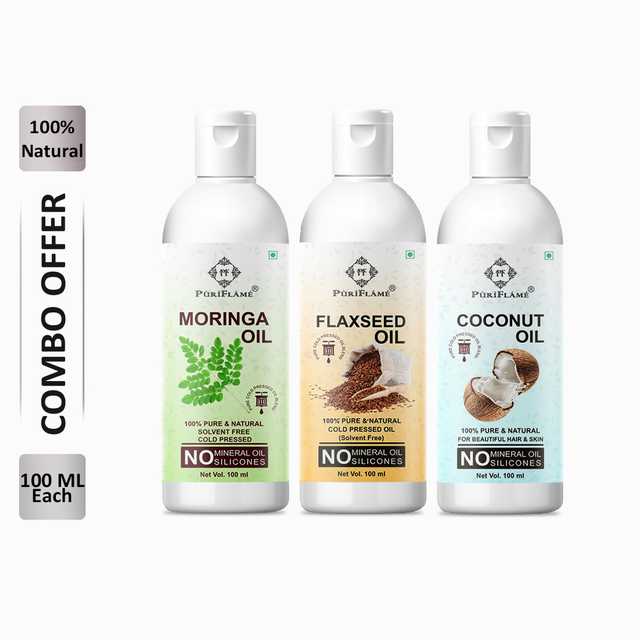 PuriFlame Pure Moringa Oil (100 ml) & Flaxseed Oil (100 ml) & Coconut Oil (100 ml) Combo For Rapid Hair Growth (Pack Of 3) (B-5478)