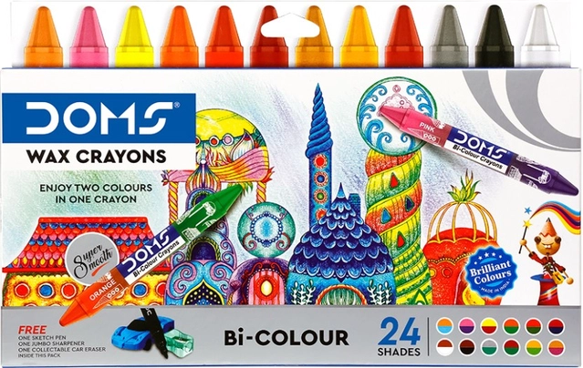 DOMS Bi-Color Wax Crayons with free Sketch pen, Eraser & Sharpener (24 Shades, Pack of 1)