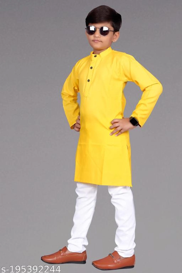 Cotton Blend Kurta Sets for Boys (3-4 Years, Yellow & White)