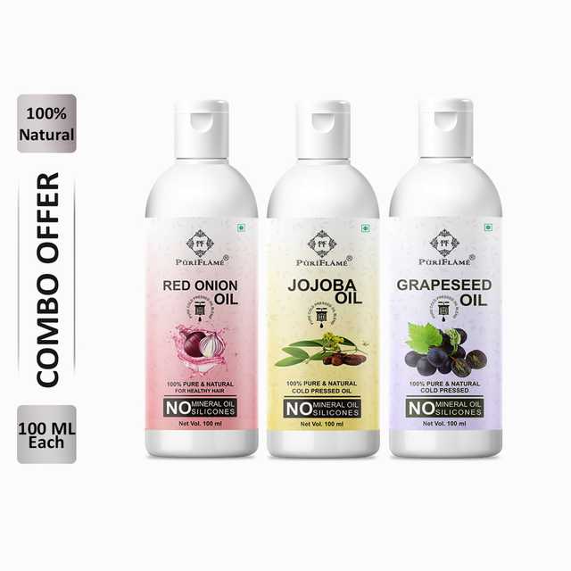 PuriFlame Pure Red Onion Oil (100 ml) & Jojoba Oil (100 ml) & Grapeseed Oil (100 ml) Combo For Rapid Hair Growth (Pack Of 3) (B-6902)