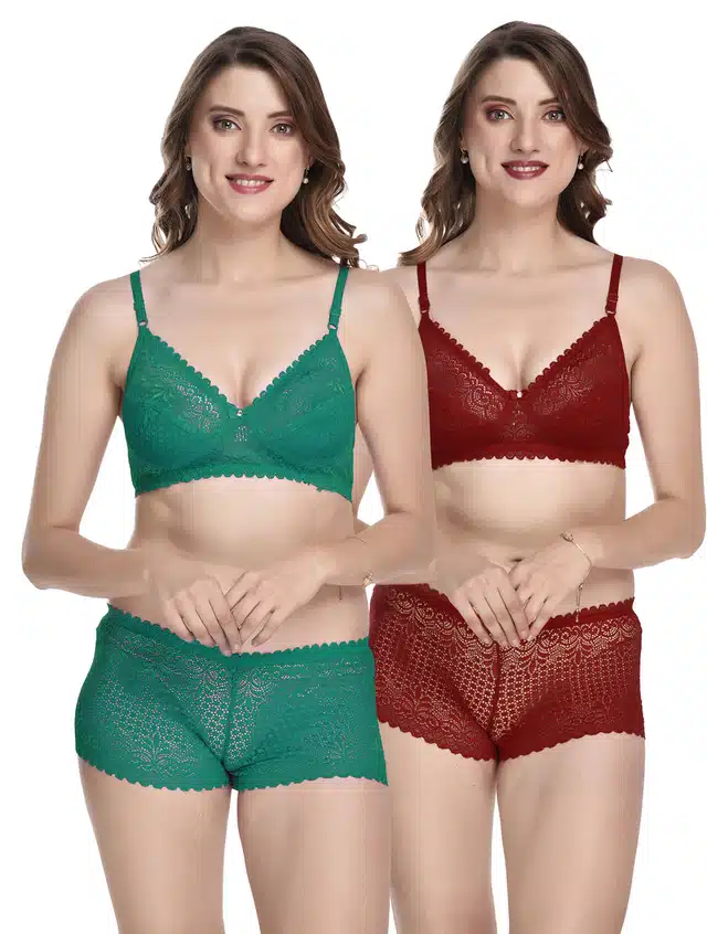 Lingerie Set for Women (Pack of 2) (Green & Maroon, 30) (A-1452)