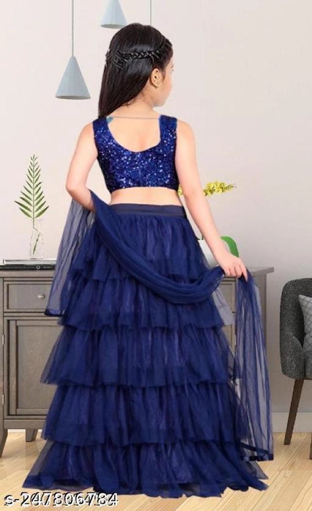 Net Solid Lehenga Choli with Dupatta for Girls (Navy Blue, 1-2 Years)