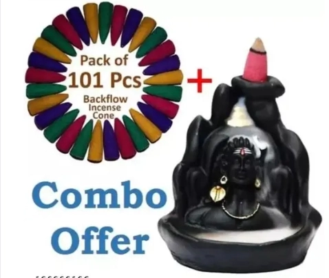 Handcrafted Adiyogi Mahadev Backflow Incense Cone Holder with Free 101 Pcs Cones (Multicolor, Set of 2)