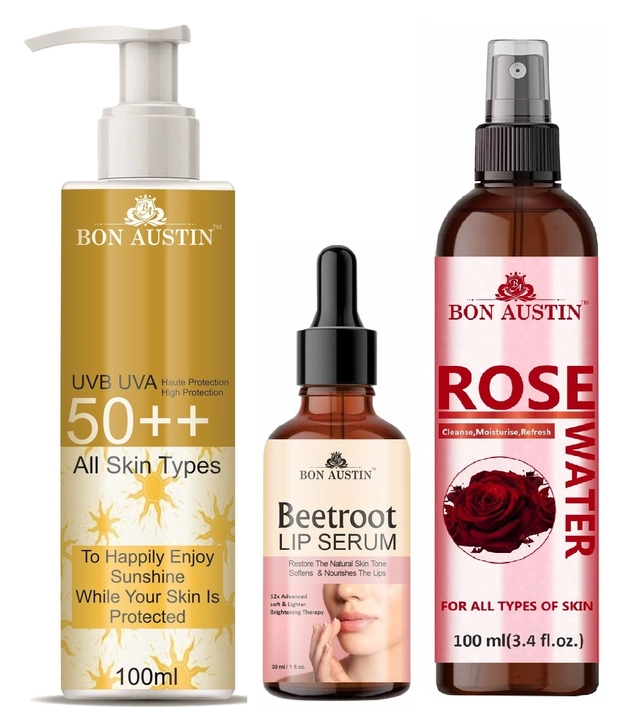 Bon Austin Broad Spectrum SPF Sunscreen Lotion (100 ml) with Beetroot Lip Serum (30 ml) & Natural Rose Water (100 ml) (Set of 3)