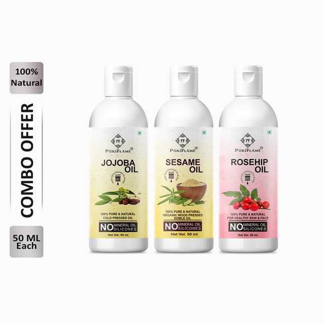 Puriflame Pure Jojoba Oil (50 ml), Sesame Oil (50 ml) & Rosehip Oil (50 ml) Combo for Rapid Hair Growth (Pack Of 3) (B-11635)