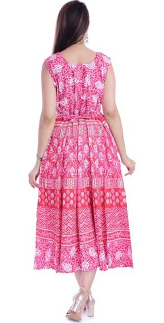 Aaryahi Casual Cotton Printed Midi Dress For Women (Pink, 47) (AG-15)