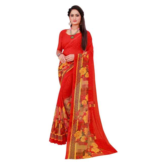 Florences Womens Georgette Saree With Unstiched Blouse (Red & Green, 5.5 m) (F1558) (Pack of 2)