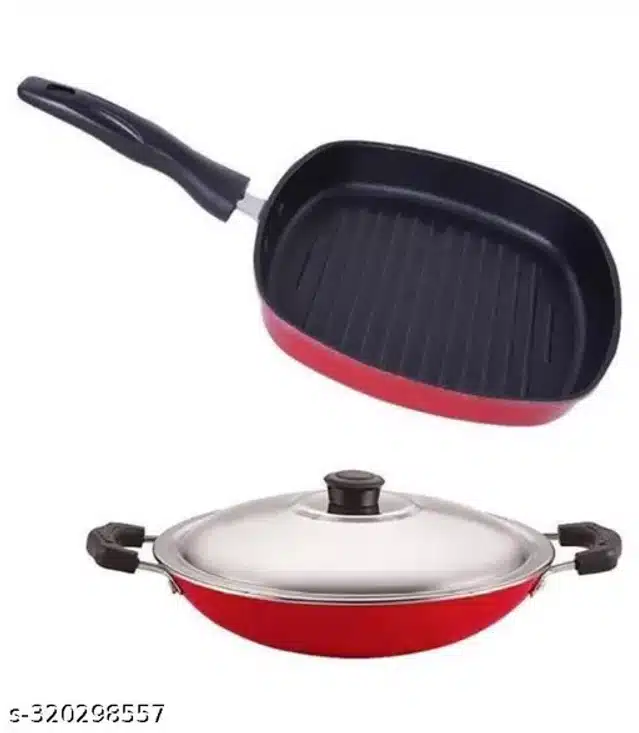 Aluminium Non Stick Grill Pan & Appachety with Lid (Multicolor, Set of 2)