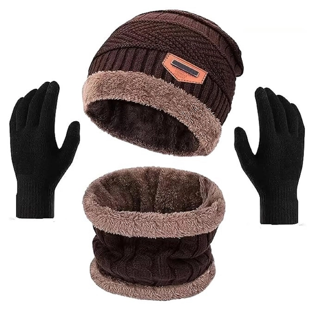 Woolen Cap with Neck Warmer & Gloves for Men & Women (Brown & Black, Set of 2)