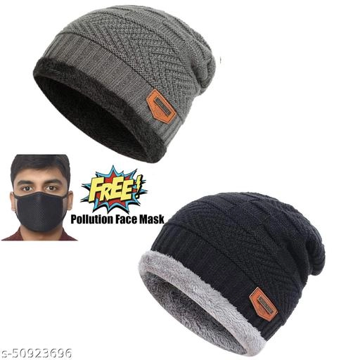 Woolen Cap (2 Pcs) with Mask for Men (Multicolor, Set of 2)