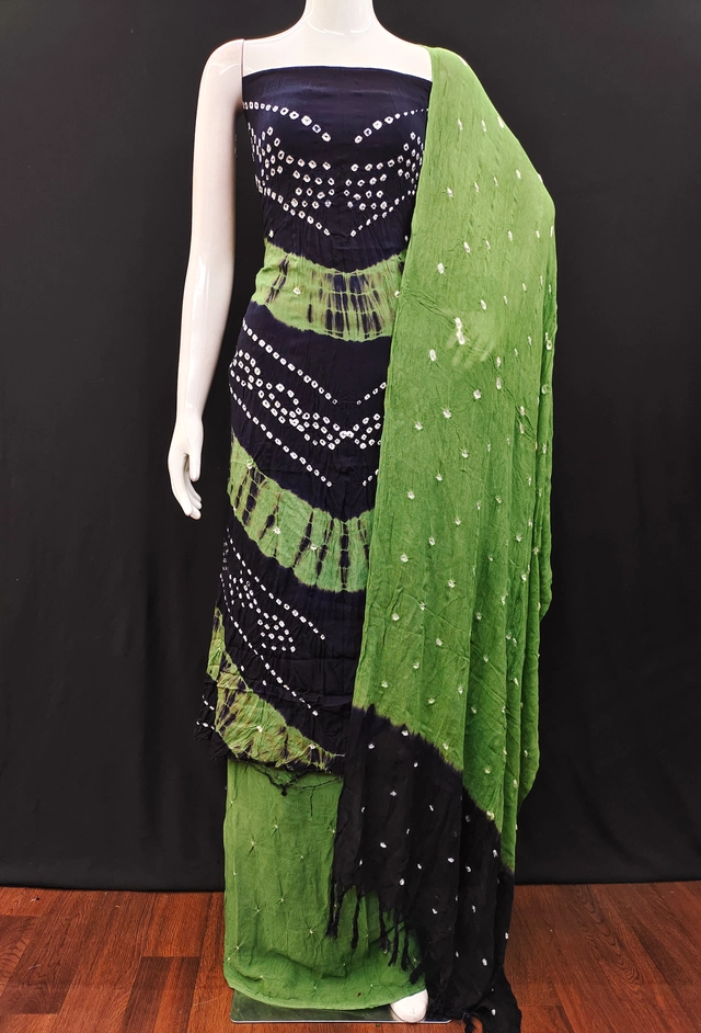 Rayon Bandhani Unstitched Suit Fabric for Women (Black & Green, 2.3 m)