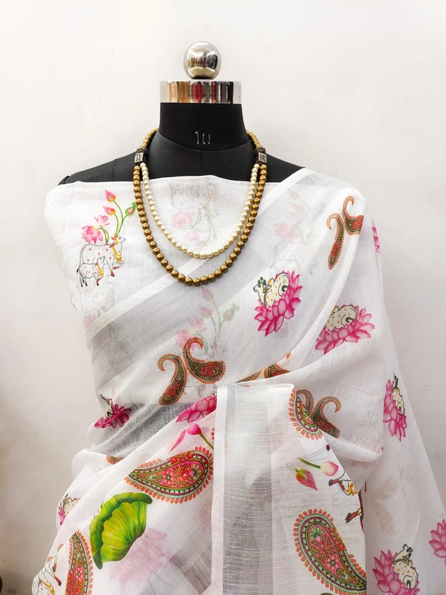 Linen Printed Saree for Women (White, 6.3 m)