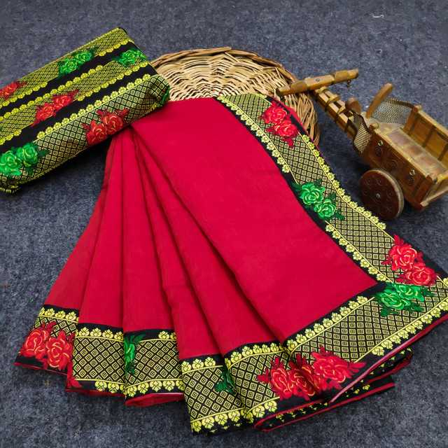 Inder Fashion Chanderi Cotton Saree With Running Blouse For Women (Red, 6.30 m) (IF-4)