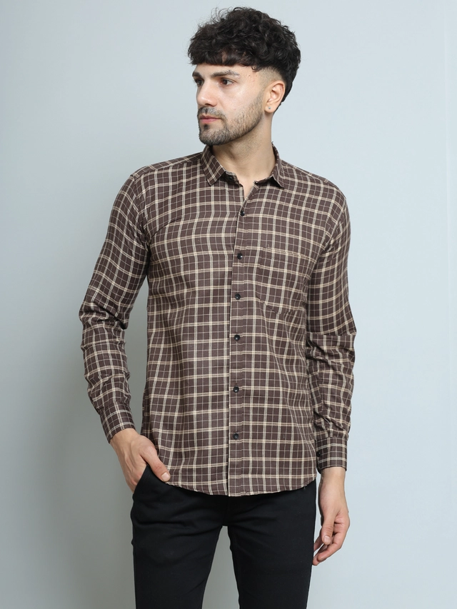 Full Sleeves Checked Shirt for Men (Brown, M)