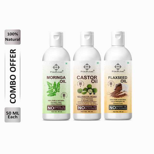 Puriflame Pure Moringa Oil (50 ml), Castor Oil (50 ml) & Flaxseed Oil (50 ml) Combo for Rapid Hair Growth (Pack Of 3) (B-11745)