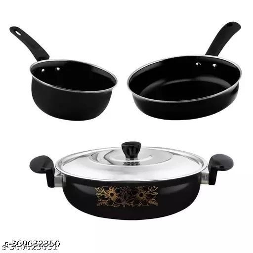 Combo of Sauce Pan, Tadka Pan, Fry Pan, Tawa & Kadai with Lid (Black, Set of 5)