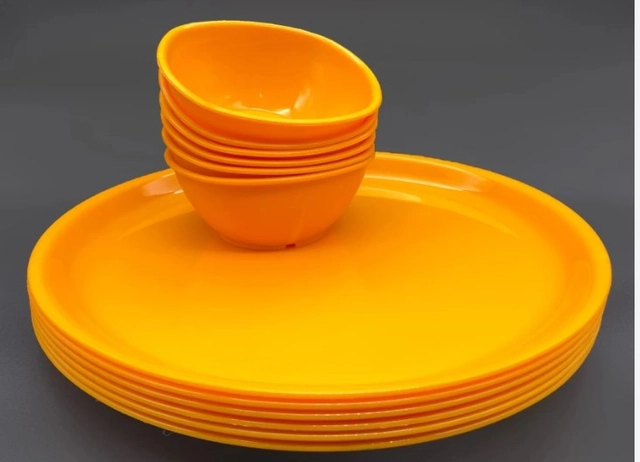 Combo of Dinner Full Plates (27 cm) with Bowls (300 ml) & Soup Spoons (Yellow, Set of 6)