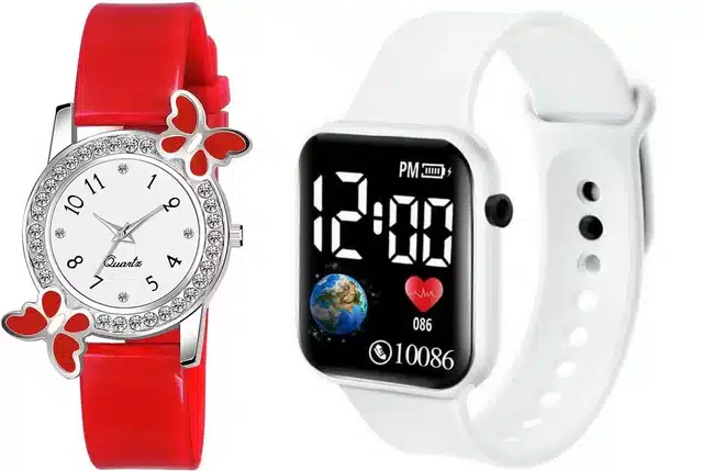 Analog & Smart Watch Combo for Women & Girls (Red & White, Pack of 2)